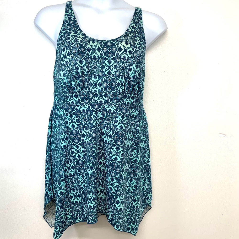Denim Co Beach Swim Dress 18W Blue Teal Medallion Print Handkerchief Hem Beach